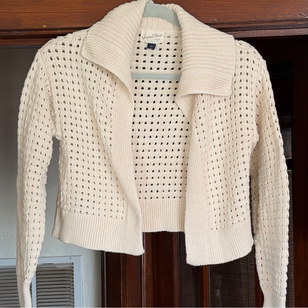 Cottagecore Cream Open Knit Crochet Sweater Cardigan Size XS Boho Coastal - Picture 2 of 7